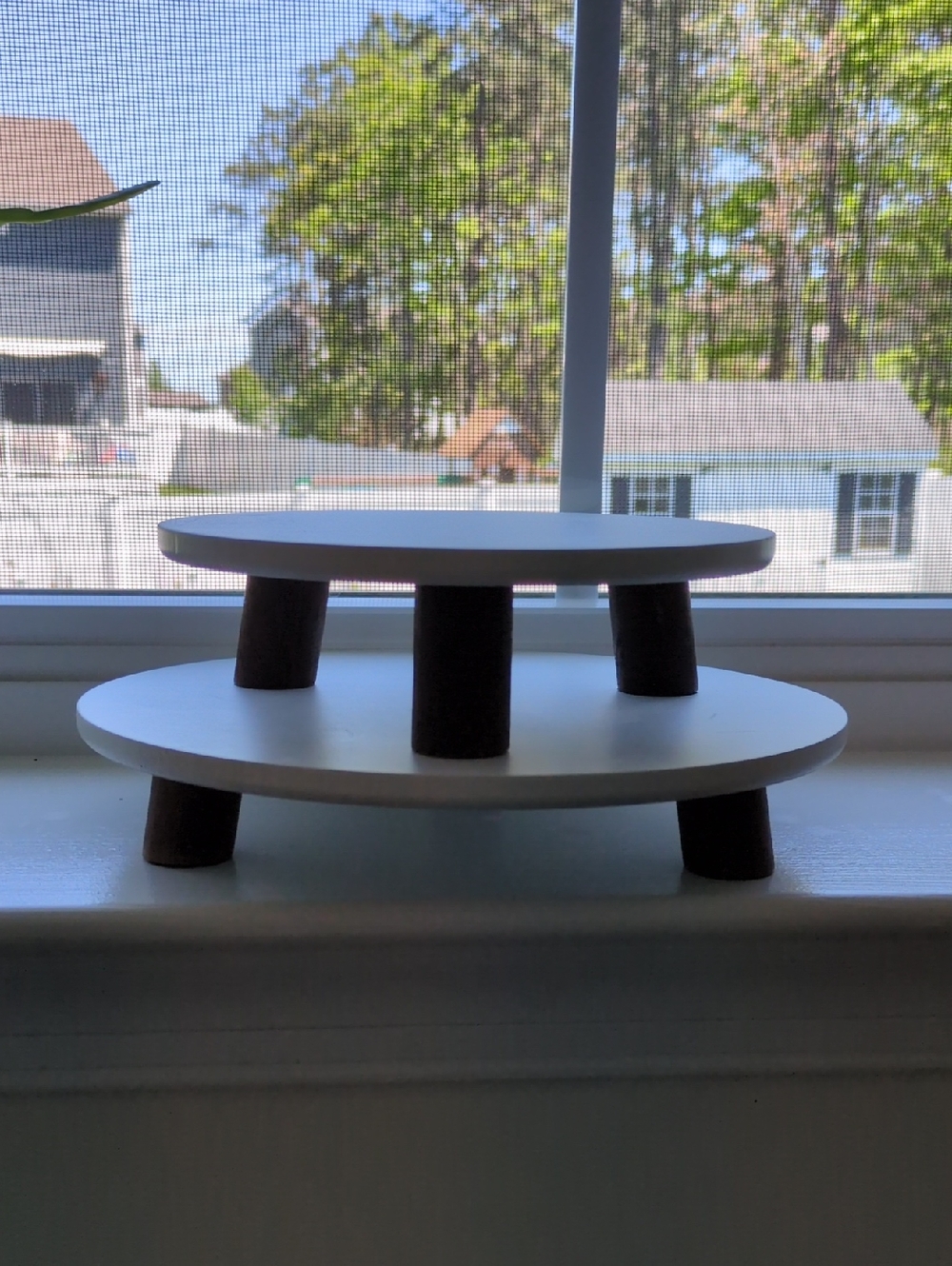 Two-Tier White Wood Display Stand with Dark Legs